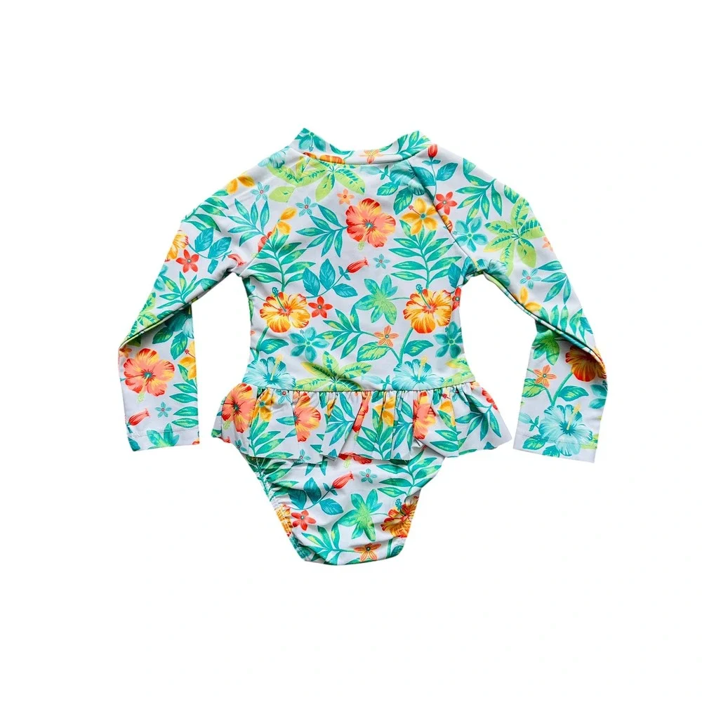 Little Me Tropical Hibiscus Rash Guard One Piece Swimsuit Floral Peplum 24M